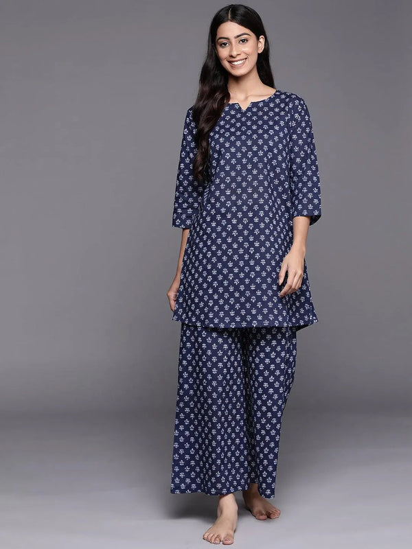 Navy Blue Printed Cotton Night Suit - Jashvi