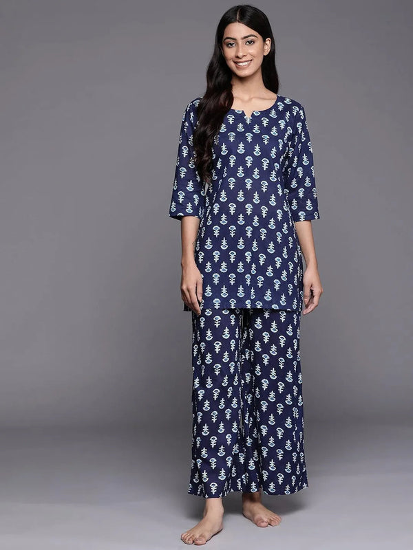 Navy Blue Printed Cotton Night Suit - Jashvi