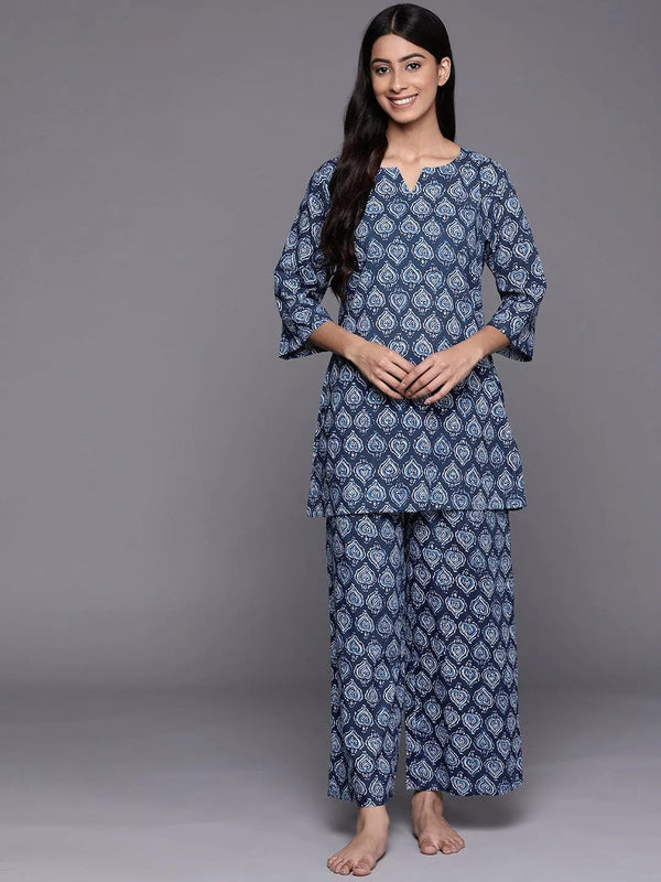 Navy Blue Printed Cotton Night Suit - Jashvi