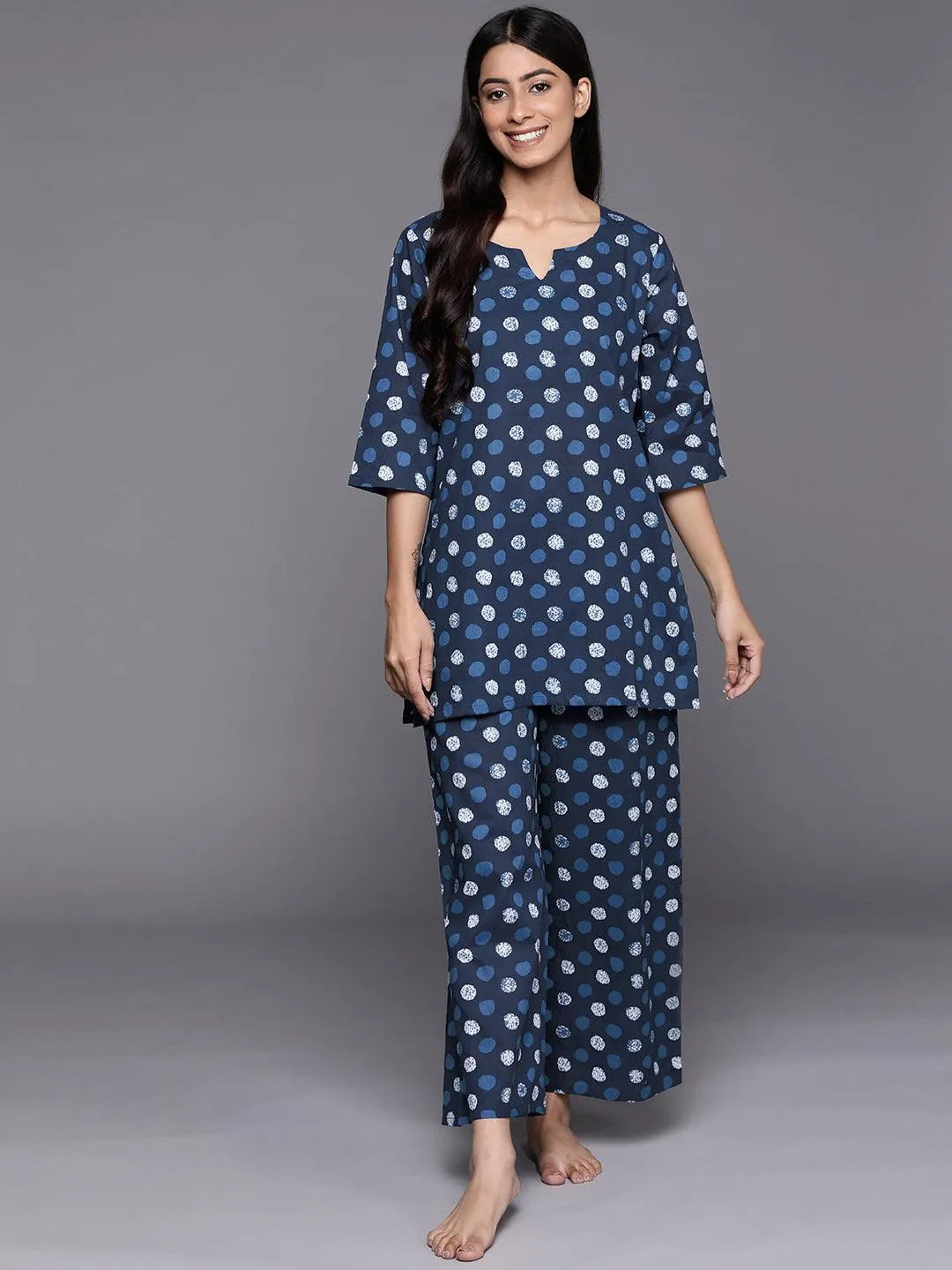 Navy Blue Printed Cotton Night Suit - Jashvi