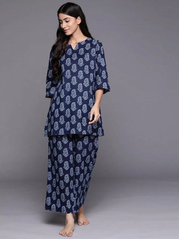 Navy Blue Printed Cotton Night Suit - Jashvi