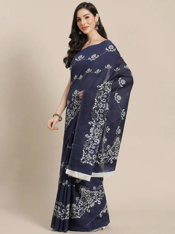 Navy Blue Printed Cotton Saree - Jashvi