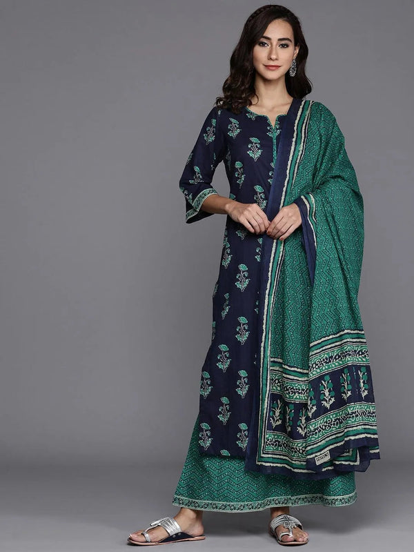 Navy Blue Printed Cotton Suit Set - Jashvi