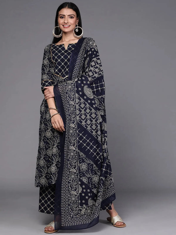 Navy Blue Printed Cotton Suit Set - Jashvi