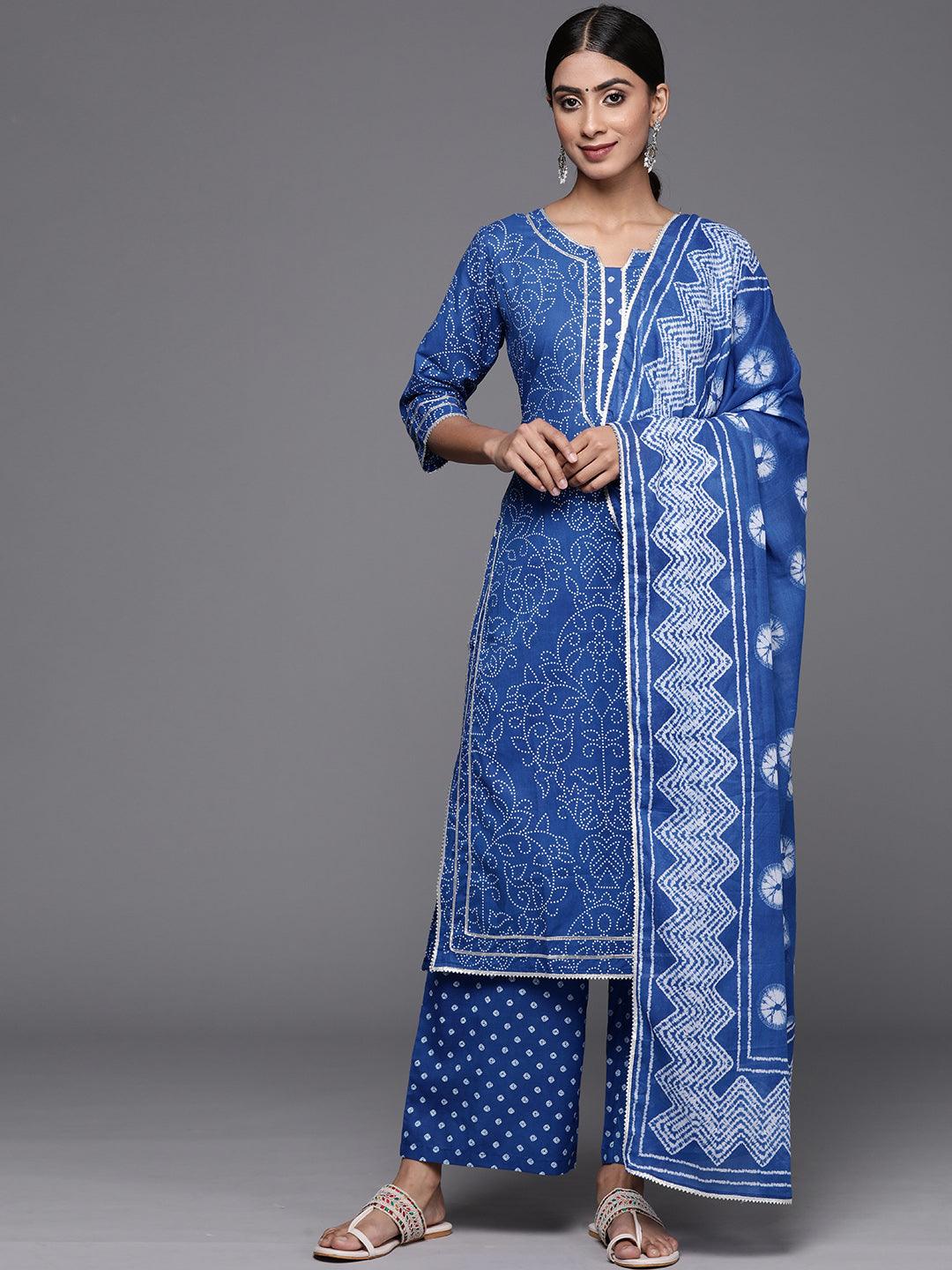 Navy Blue Printed Cotton Straight Kurta With Palazzos & Dupatta - Jashvi