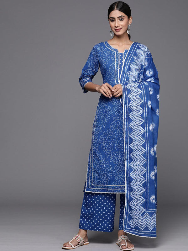 Navy Blue Printed Cotton Straight Kurta With Palazzos & Dupatta - Jashvi