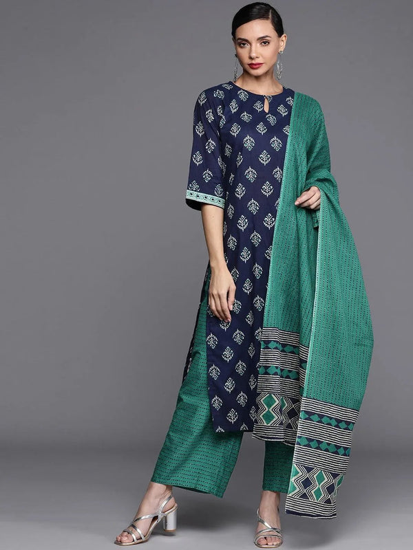 Navy Blue Printed Cotton Suit Set - Jashvi