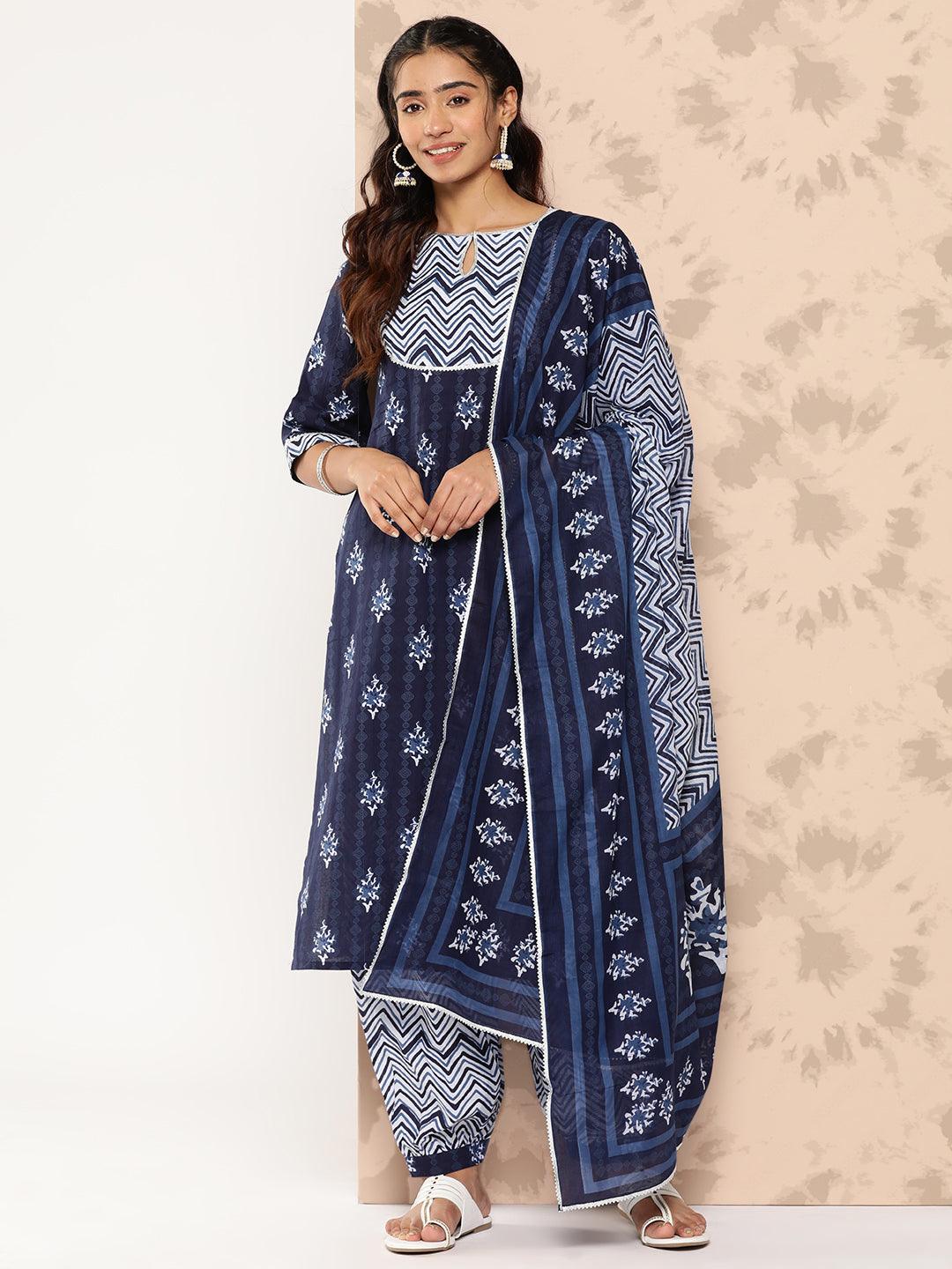 Navy Blue Printed Cotton Straight Kurta With Salwar & Dupatta - Jashvi