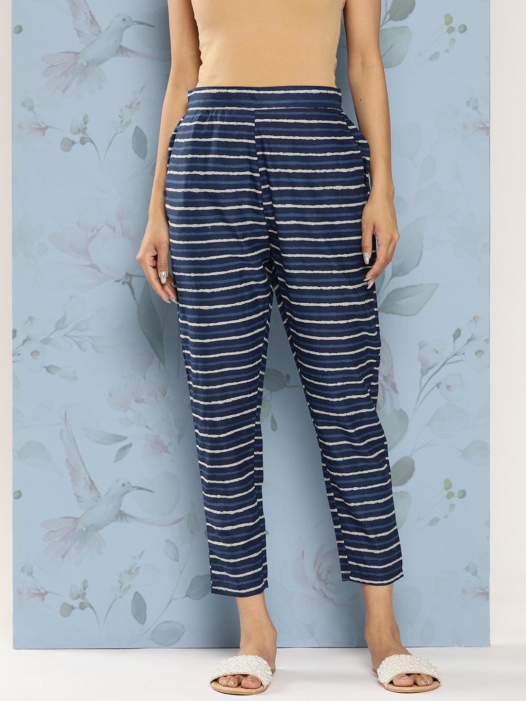 Navy Blue Printed Cotton Trousers - Jashvi