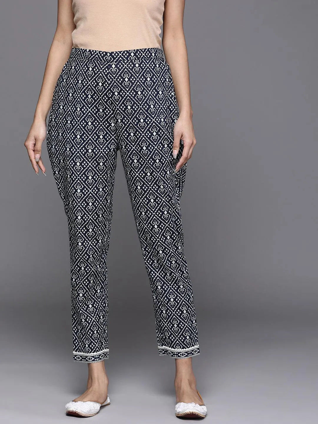 Navy Blue Printed Cotton Trousers - Jashvi