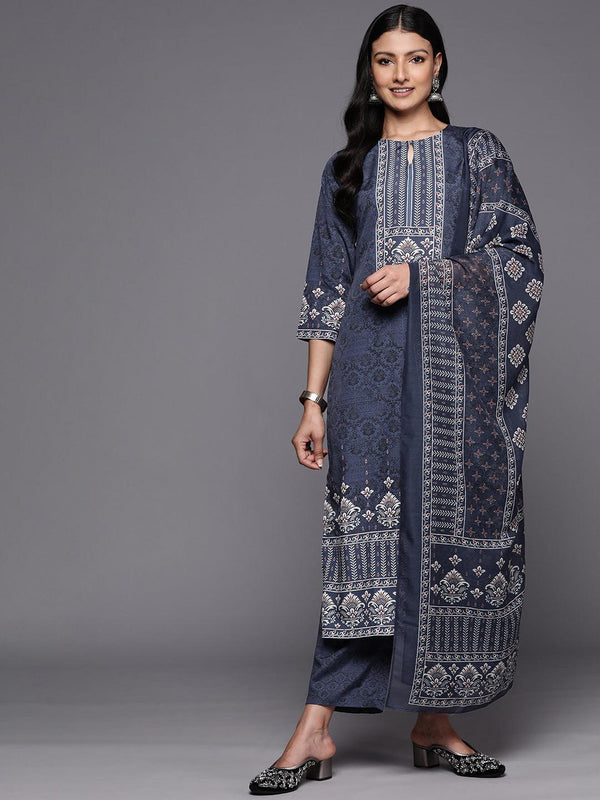 Navy Blue Printed Crepe Straight Suit Set With Trousers - Jashvi