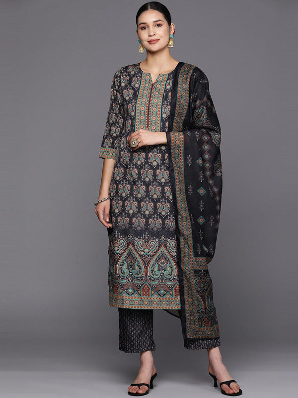 Navy Blue Printed Crepe Straight Suit Set With Trousers - Jashvi