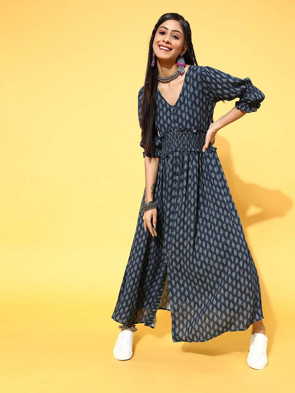 Navy Blue Printed Georgette Dress - Jashvi