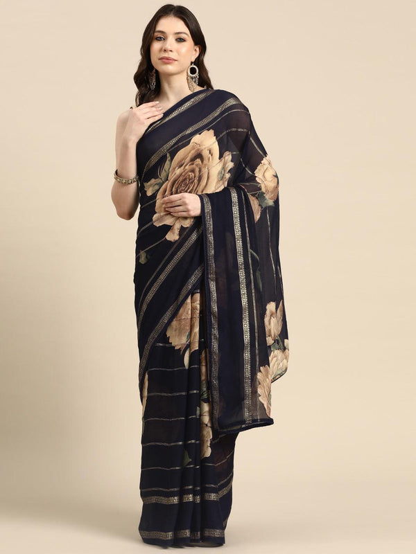 Navy Blue Printed Georgette Saree - Jashvi