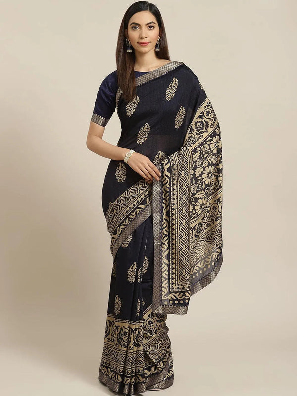 Navy Blue Printed Polyester Saree - Jashvi