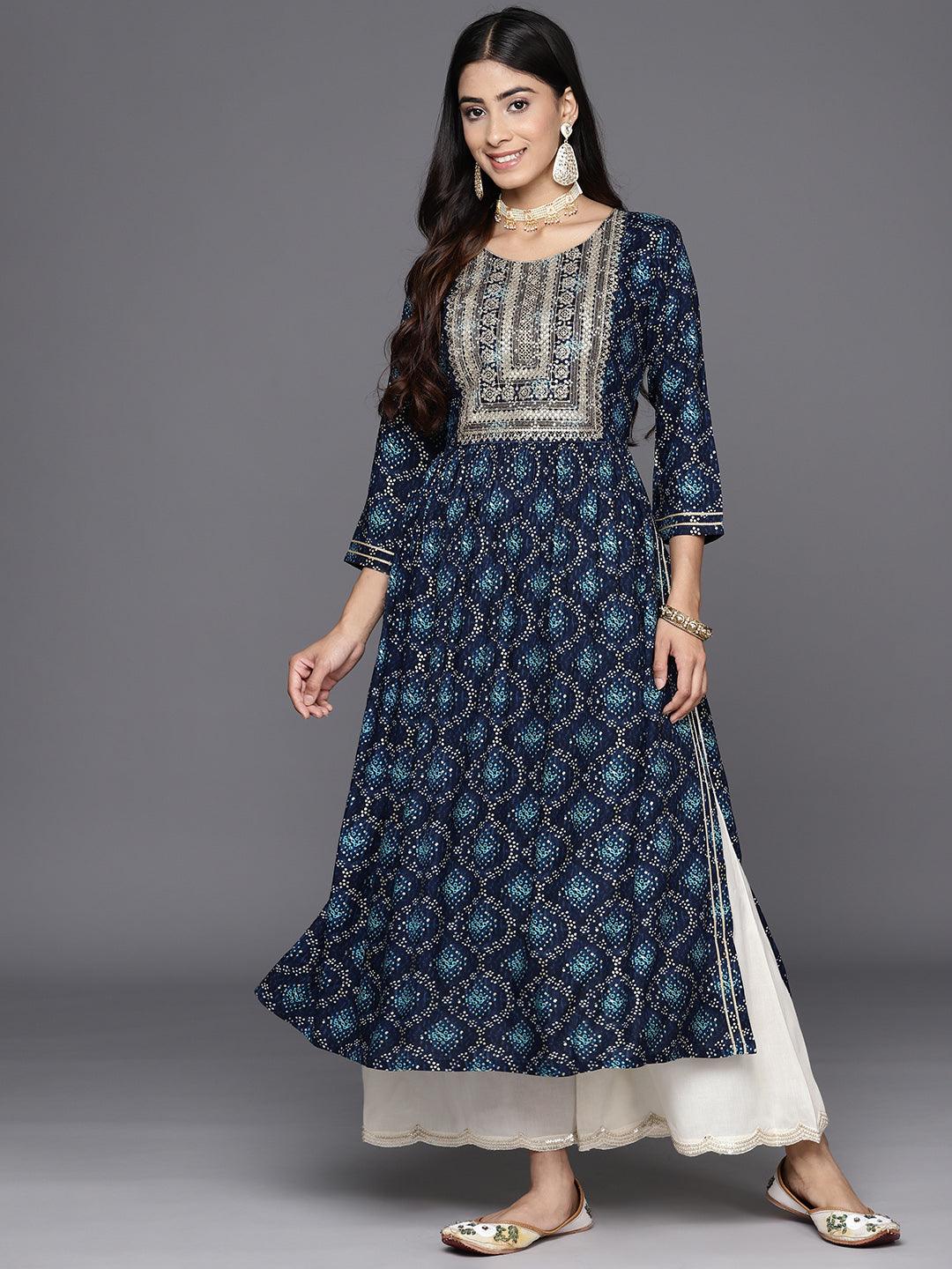 Navy Blue Printed Rayon A-Line Kurta - Jashvi