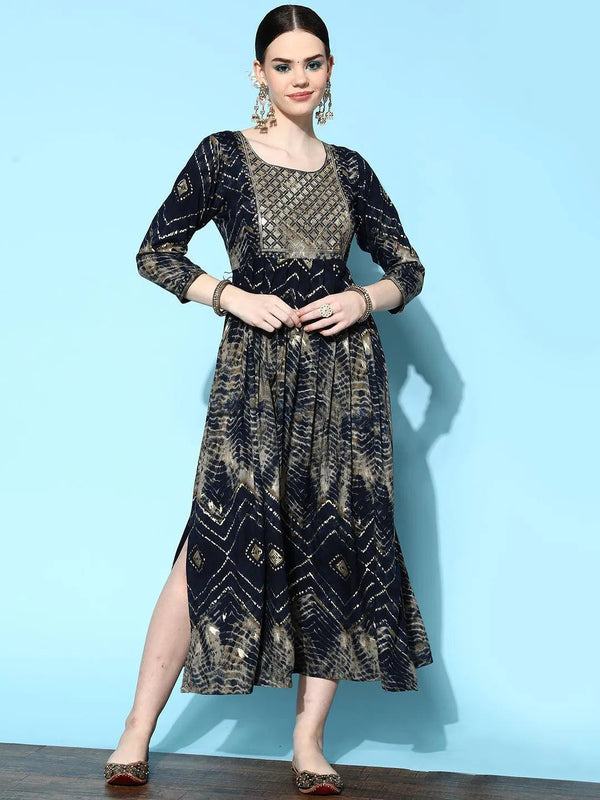 Navy Blue Printed Rayon Fit and Flared Dress - Jashvi