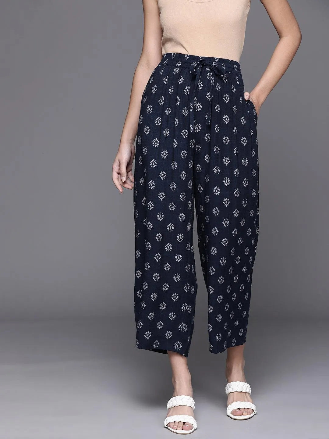 Navy Blue Printed Rayon Palazzos - Jashvi