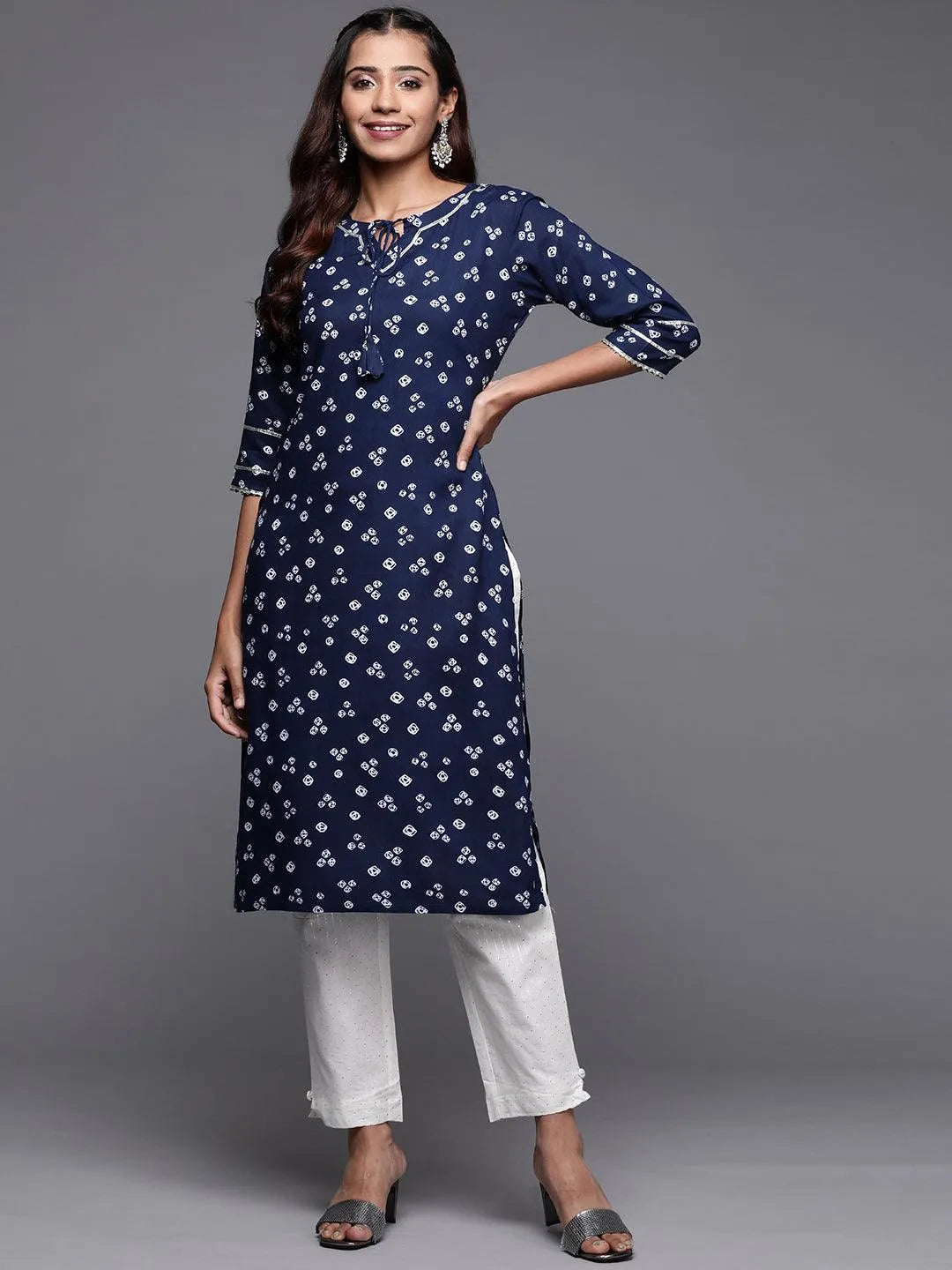 Navy Blue Printed Rayon Straight Kurta - Jashvi