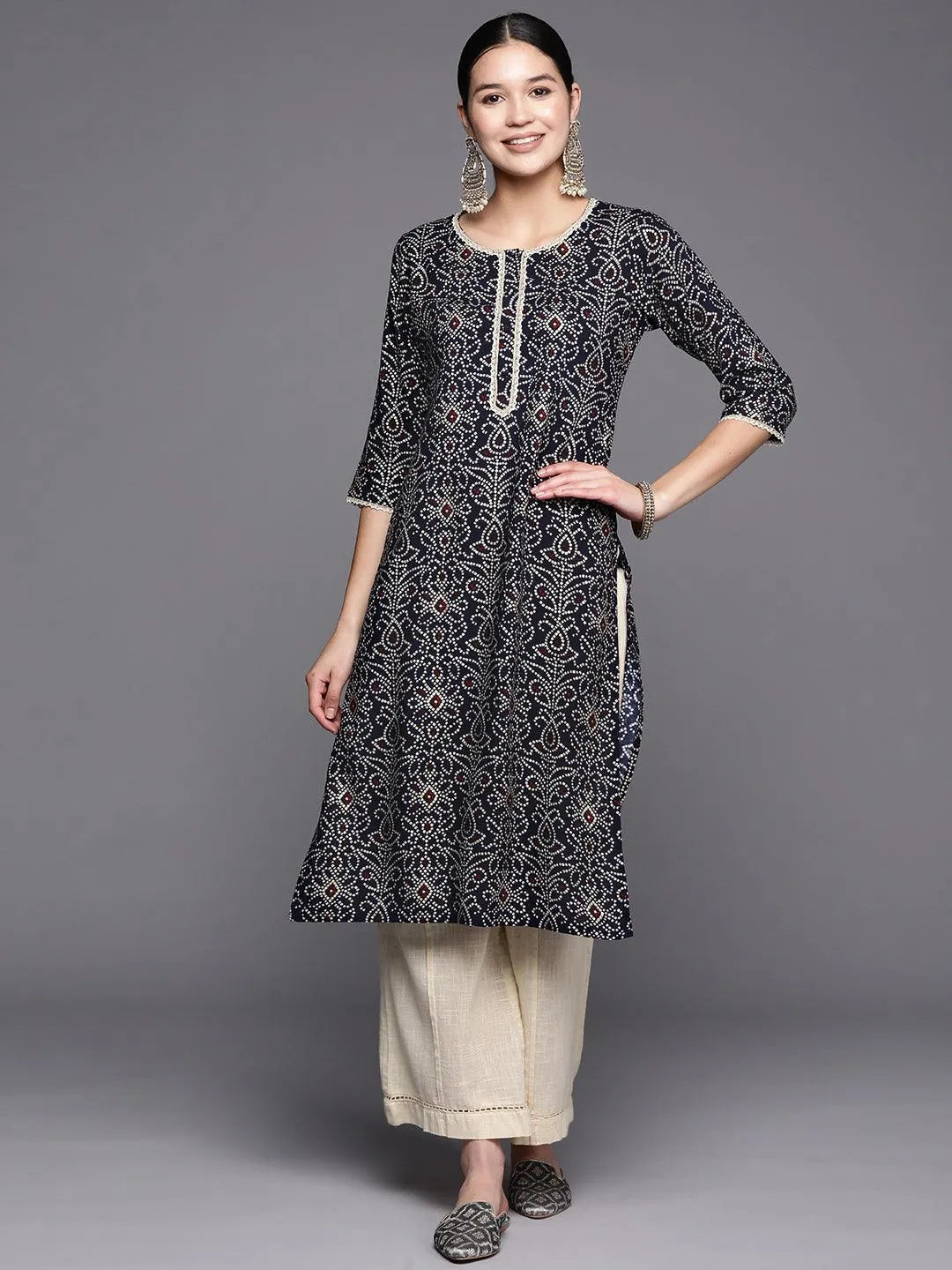 Navy Blue Printed Rayon Straight Kurta - Jashvi