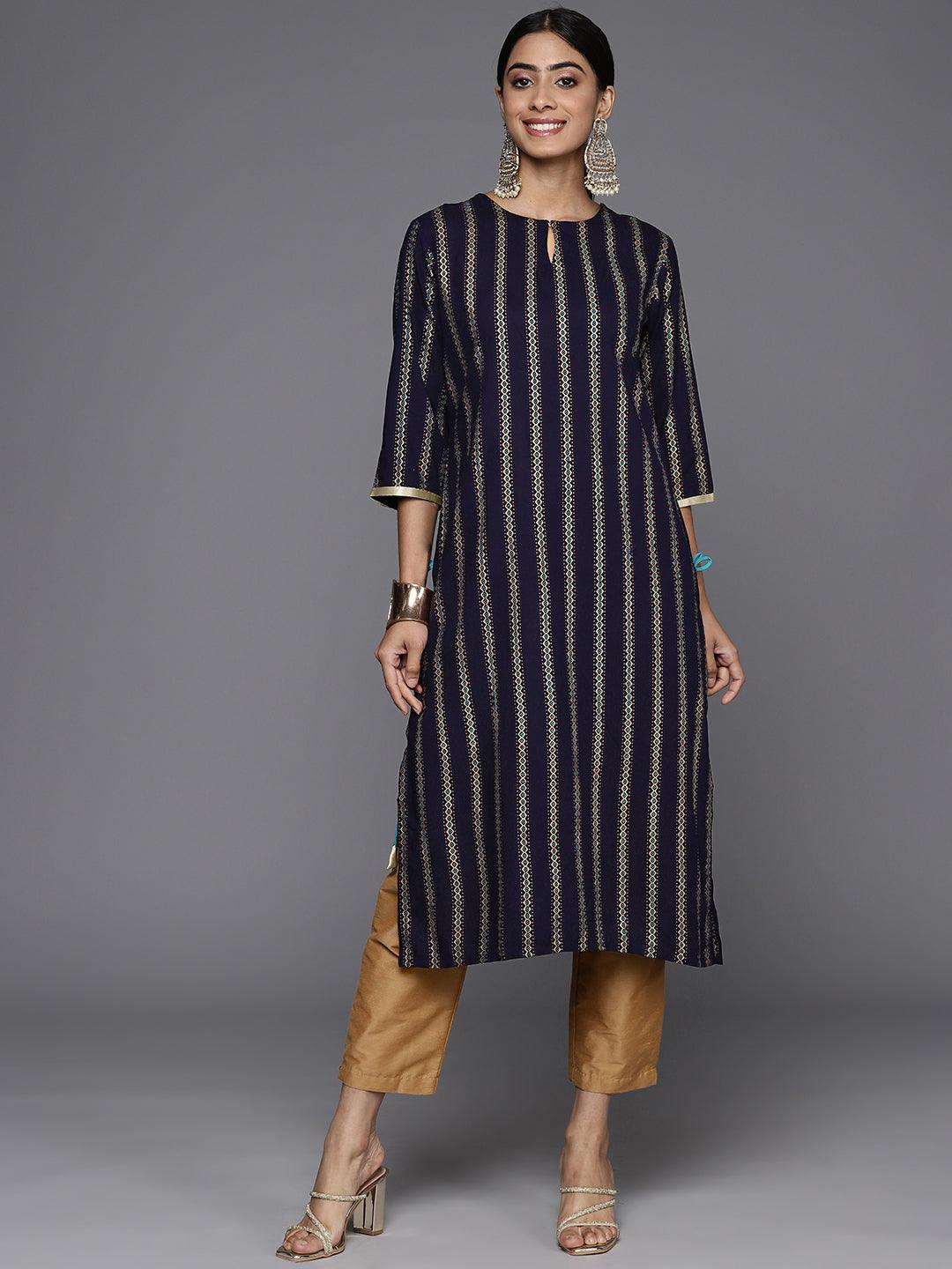 Navy Blue Printed Rayon Straight Kurta - Jashvi