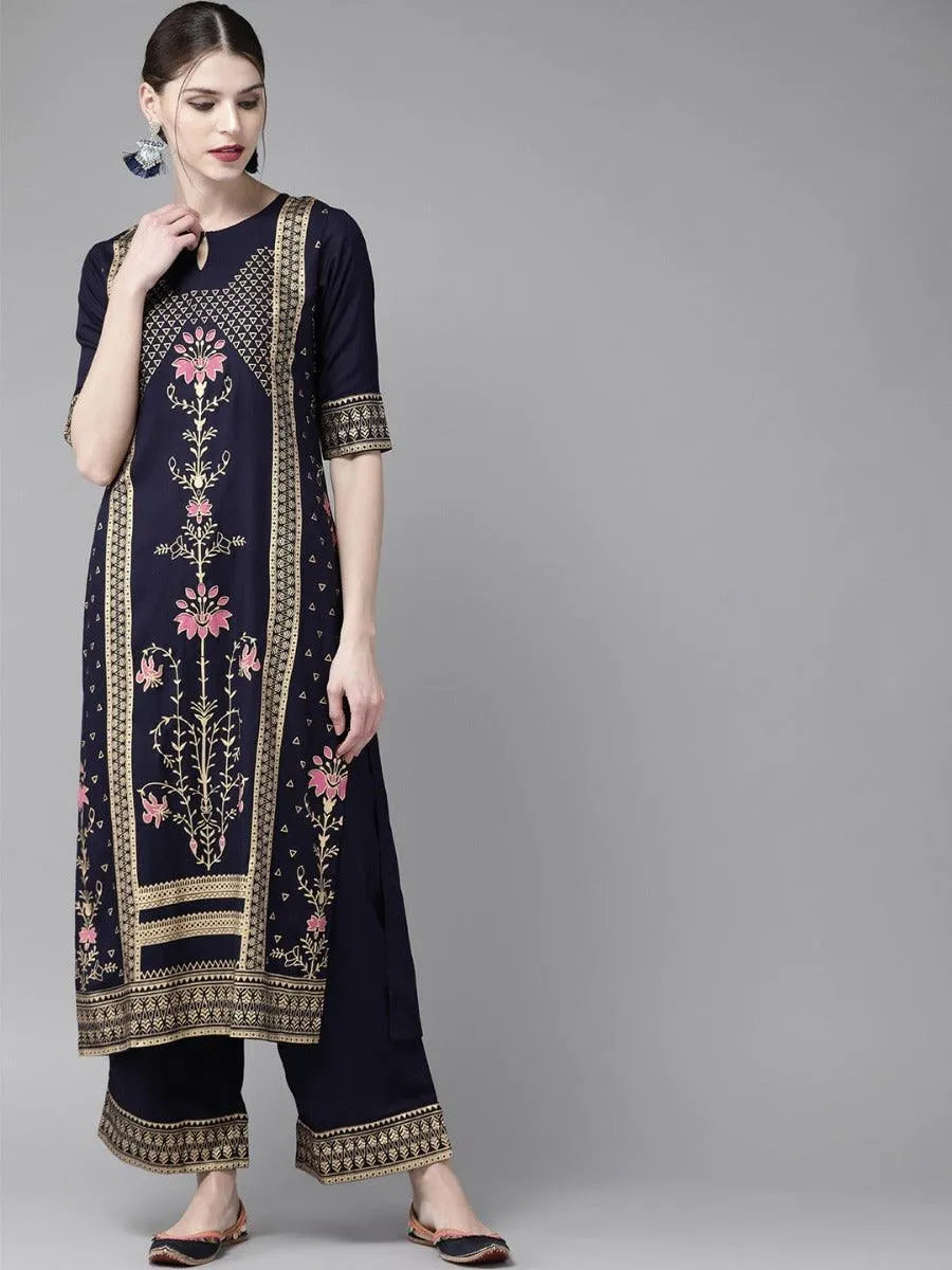 Navy Blue Printed Rayon Kurta Set - Jashvi