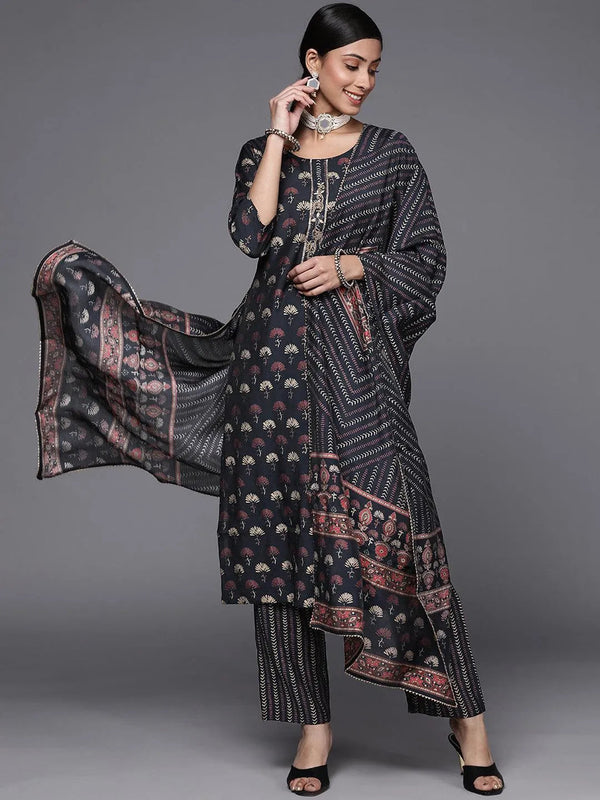 Navy Blue Printed Silk Blend Straight Suit Set - Jashvi