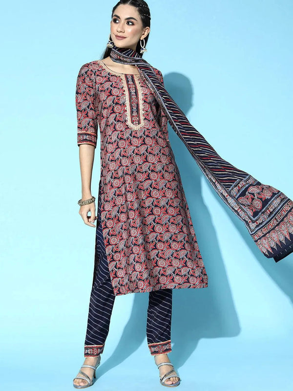 Navy Blue Printed Silk Blend Straight Suit Set - Jashvi