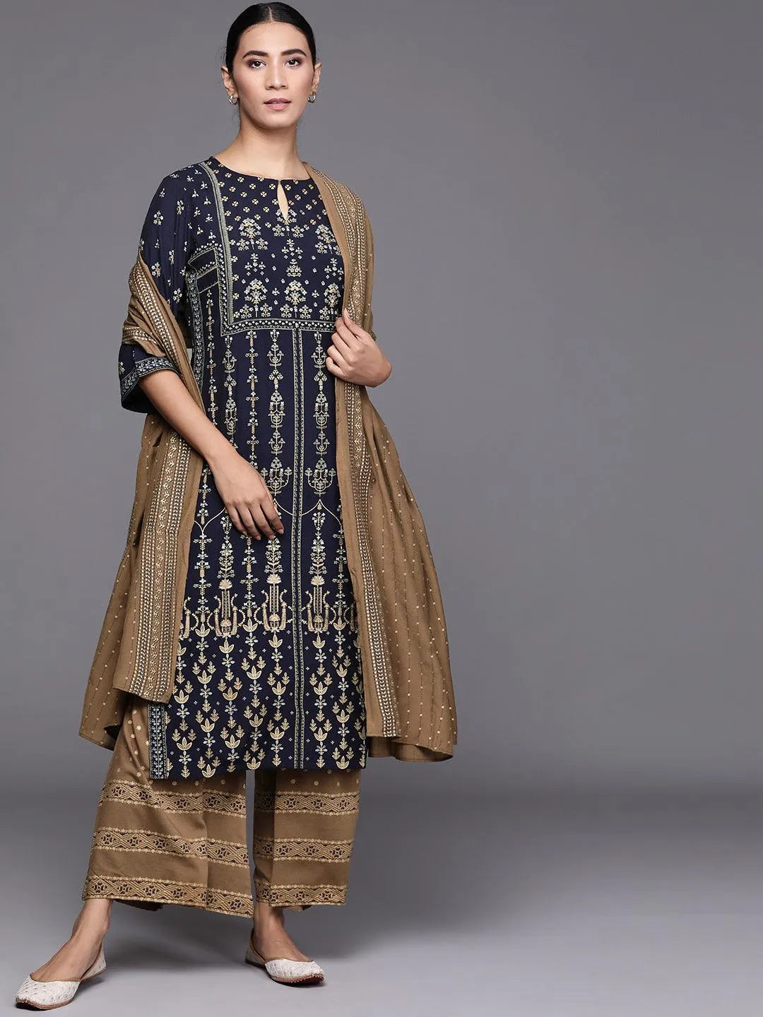 Navy Blue Printed Silk Blend Suit Set - Jashvi