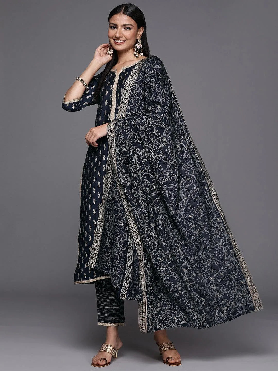 Navy Blue Printed Silk Blend Straight Suit Set - Jashvi