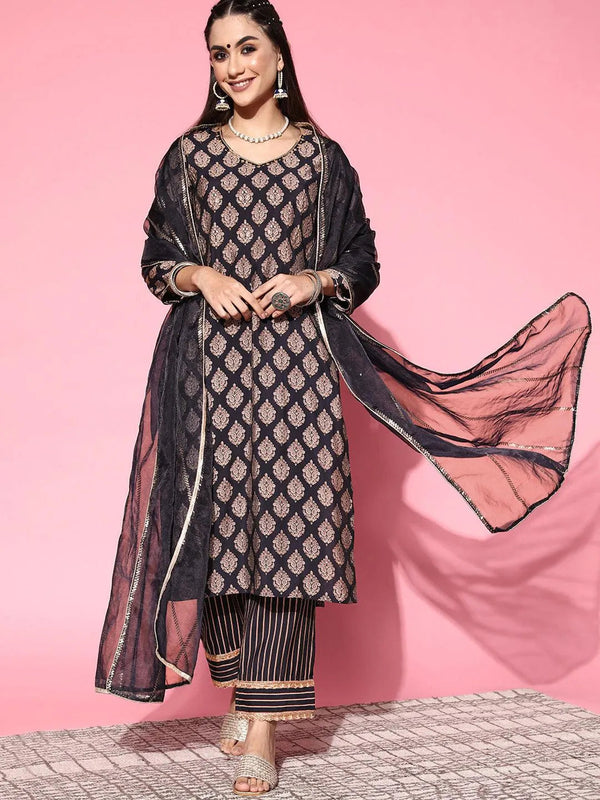 Navy Blue Printed Silk Blend Straight Suit Set - Jashvi