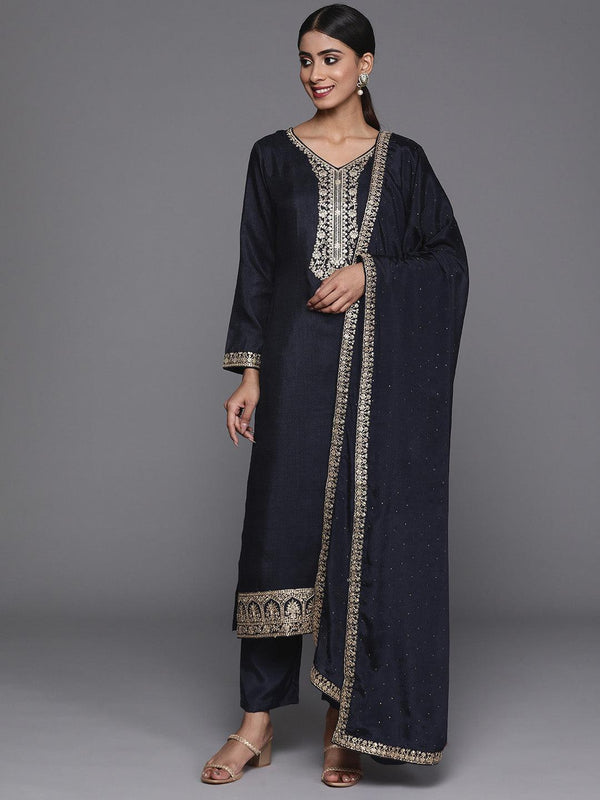 Navy Blue Printed Silk Blend Straight Kurta With Trousers & Dupatta - Jashvi