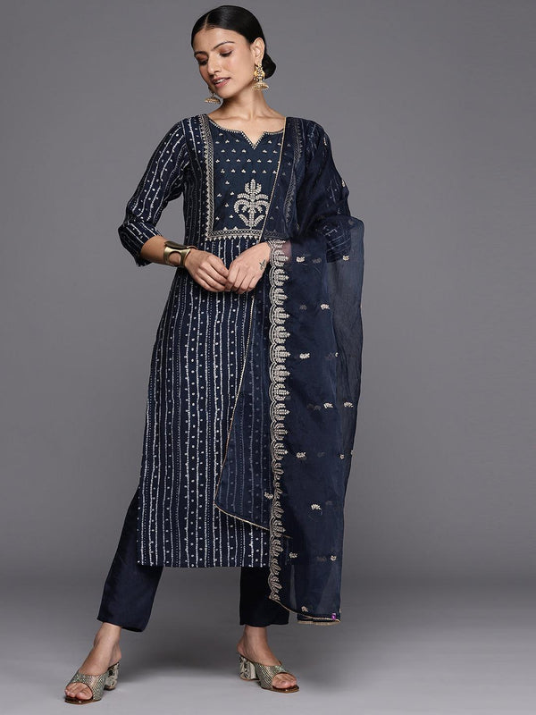 Navy Blue Printed Silk Blend Straight Kurta With Trousers & Dupatta - Jashvi