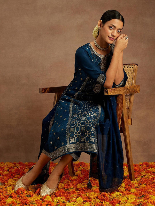 Navy Blue Printed Silk Blend Straight Kurta With Trousers & Dupatta - Jashvi