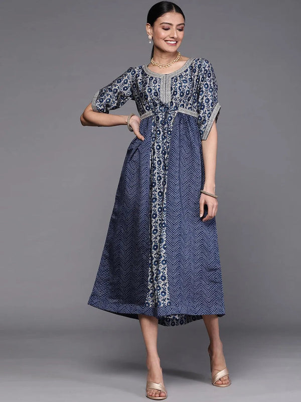 Navy Blue Printed Silk Dress - Jashvi