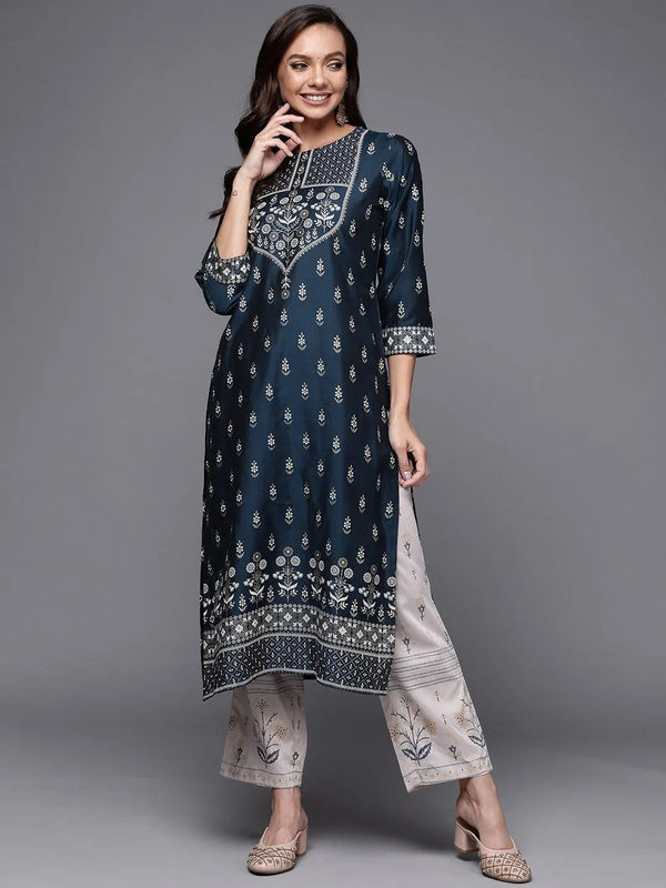 Navy Blue Printed Silk Kurta - Jashvi