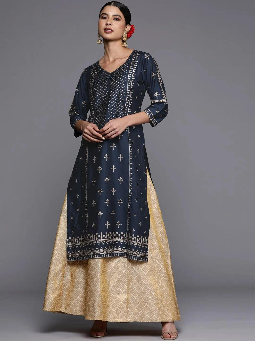 Navy Blue Printed Silk Straight Kurta - Jashvi