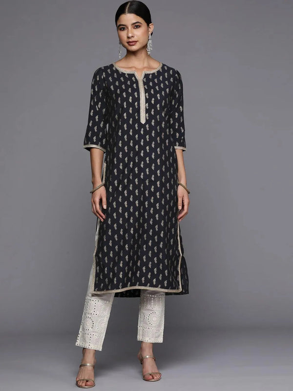 Navy Blue Printed Silk Straight Kurta - Jashvi