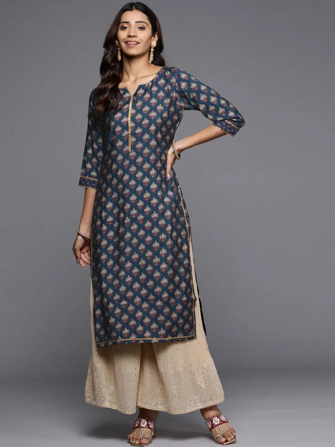 Navy Blue Printed Silk Straight Kurta - Jashvi