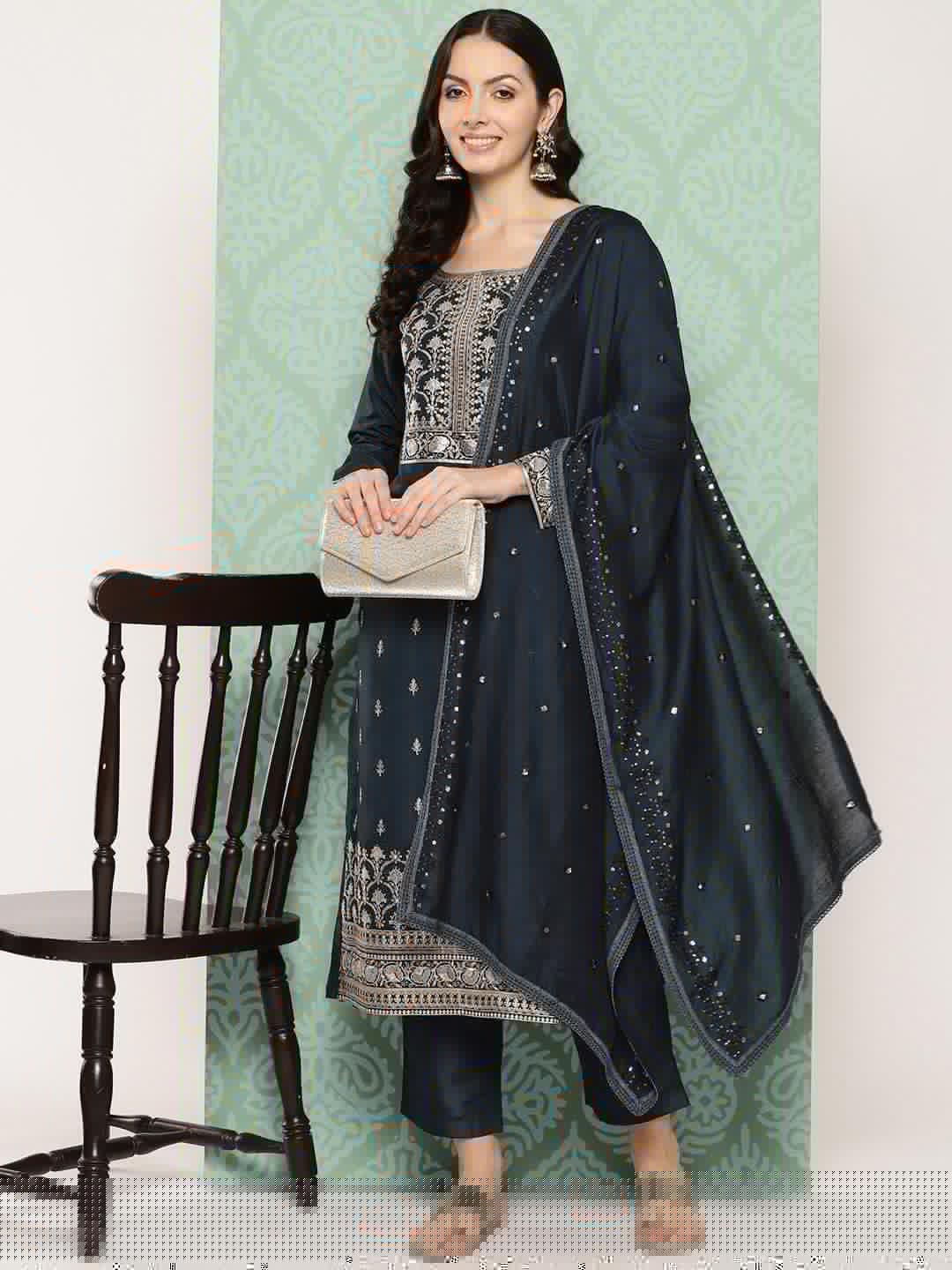 Blue Printed Silk Straight Suit With Dupatta - Jashvi