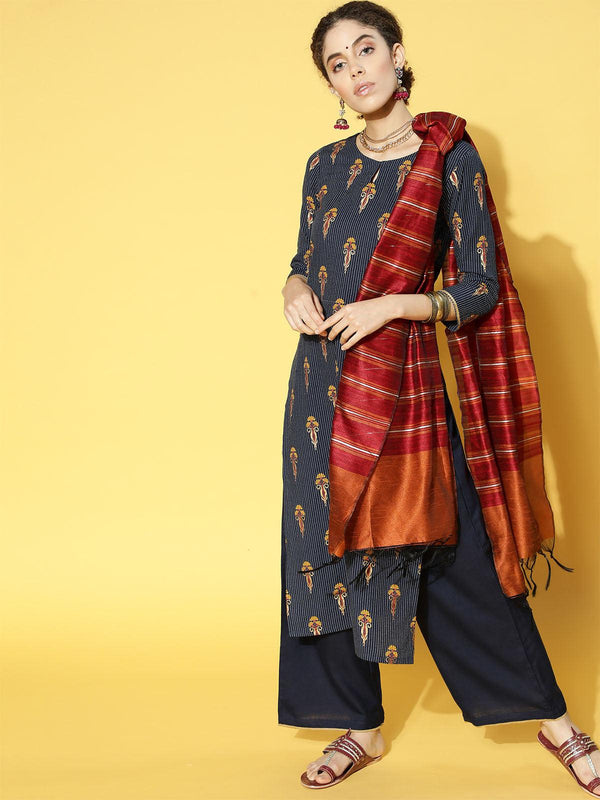 Women's Navy Blue Printed Straight Kurta Trouser With Dupatta Set - Odette