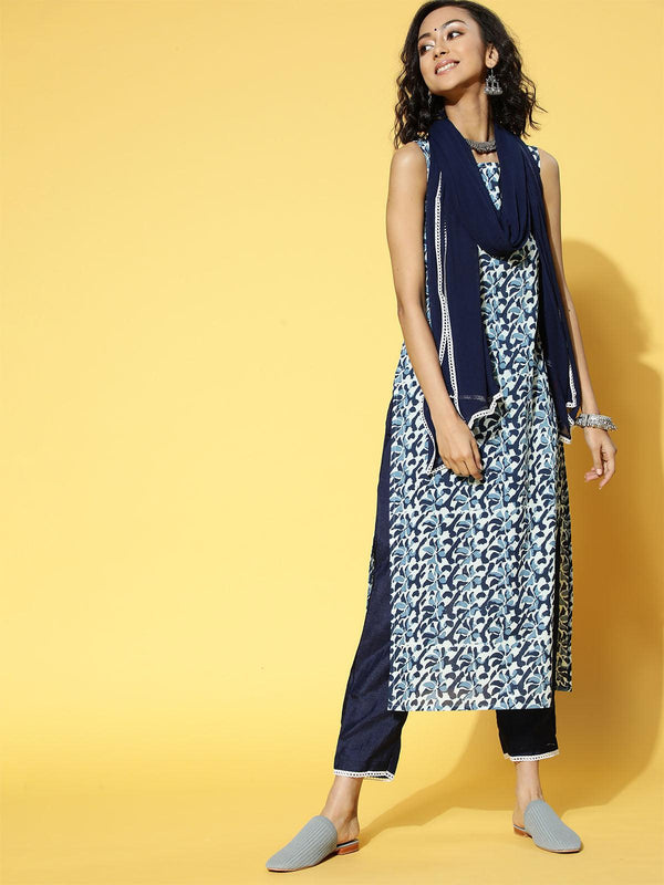 Women's Navy Blue Printed Straight Kurta Trouser With Dupatta Set - Odette