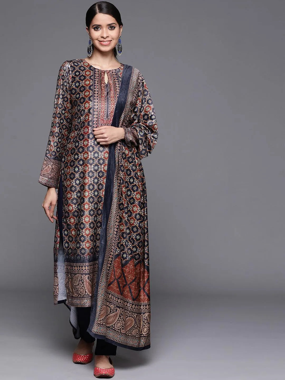 Navy Blue Printed Velvet Suit Set - Jashvi