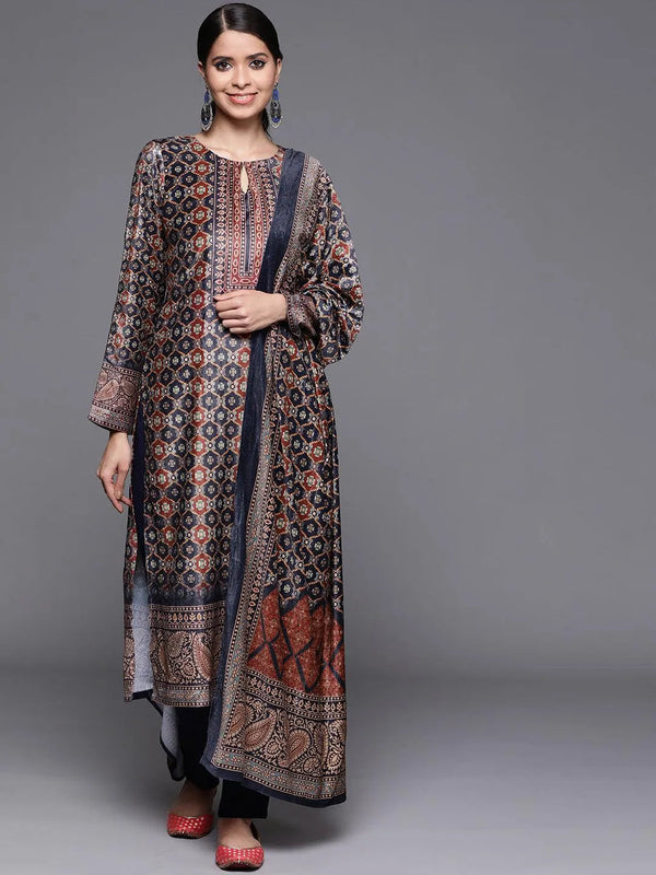 Navy Blue Printed Velvet Suit Set - Jashvi