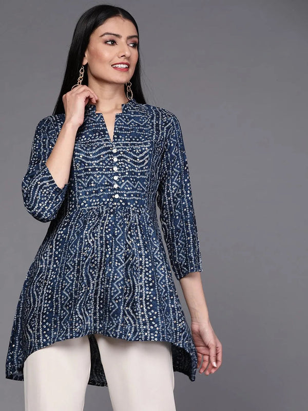 Navy Blue Printed Viscose Rayon Kurti - Jashvi