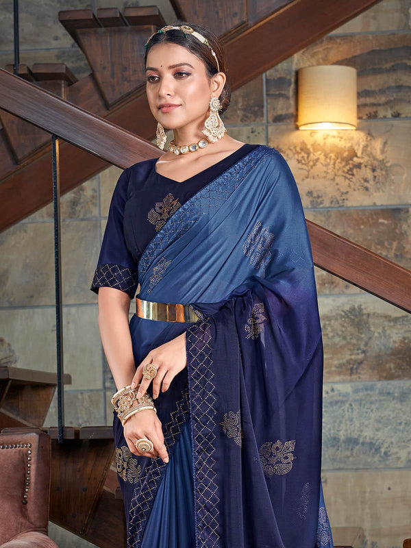 Women's Navy Blue Rangoli Silk Sequin Saree - Odette