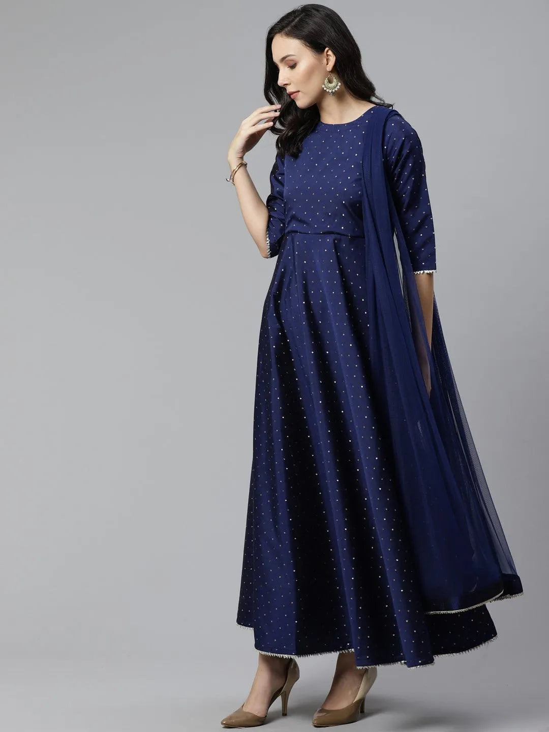 Navy Blue Self Design Chanderi Dress With Dupatta - Jashvi