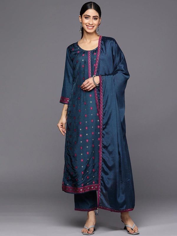 Navy Blue Self Design Silk Blend Straight Suit Set With Trousers - Jashvi