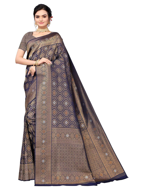 Women's Navy Blue Silk Blend Woven Saree With Blouse - Odette