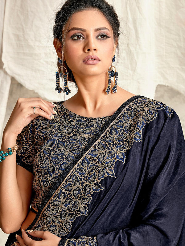 Women's Navy Blue Silk Georgette Designer Saree With Blouse - Odette